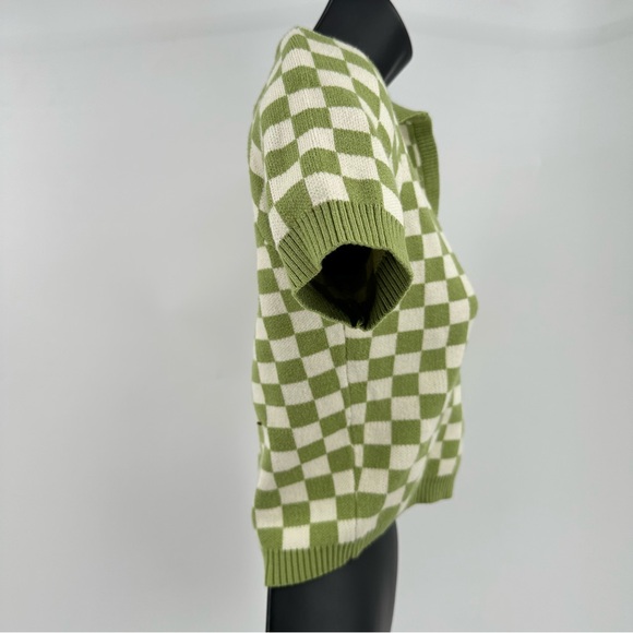 Hesperus Green Cream Checkered Crop Top Collared Sweater Medium Short Sleeve - Picture 6 of 7